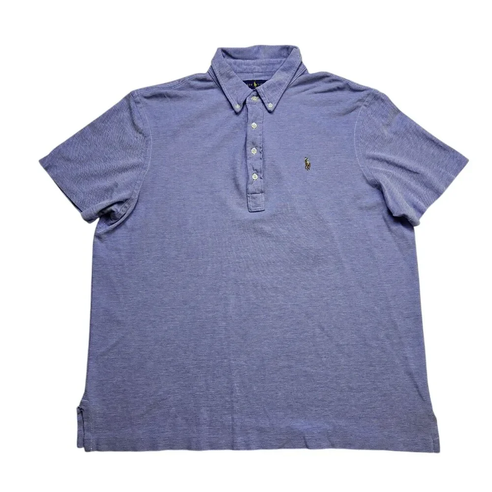Ralph Lauren Knit Oxford Mens Blue Polo Button Down Short Sleeve Shirt Size XL